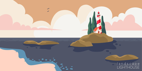 Beautiful vector landscape with lighthouse by sea. Flat design.