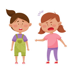 Little Girl with Angry Face Standing and Shouting at Her Agemate Vector Illustration