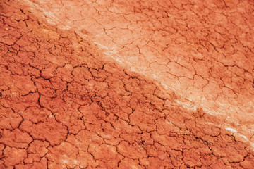 Nature background of cracked dry lands. Natural texture of soil with cracks. Broken clay surface of barren dryland wasteland close-up. Full frame to terrain with arid climate. Lifeless desert on earth
