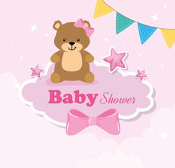 baby shower card with bears female and icons vector illustration design