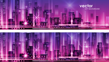 Vector night city illustration with neon glow and vivid colors.