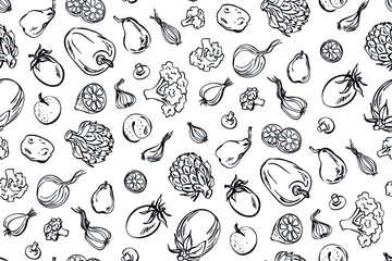 Fresh vegetables sketch background, vector seamless pattern hand drawn.  Line art. Food illustration for shop. Natural food.