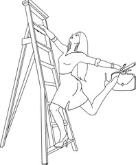Business woman climbs the career ladder. Hand drawn vector illustration of young girl in costume. Line art. Business and carier concept. Isolated on white background. 