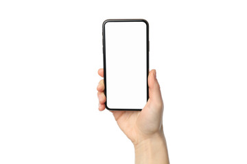 Female hand holding phone with empty screen, isolated on white background