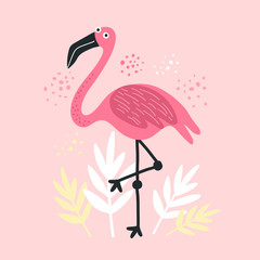 Cute cartoon with pink flamingo and leaves