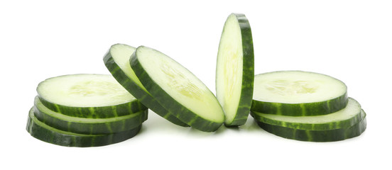 Fresh cucumber slices isolated on white background