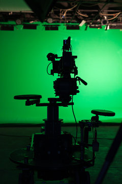 Shooting studio with professional equipment and green screen