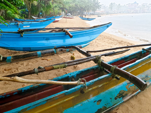 Beautiful image of lots of blue painted fishing boats on the sandy ocean beach, Sri Lanka