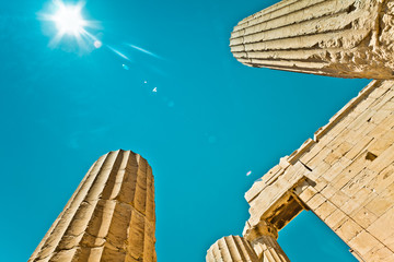 Ancient columns of Hellenic time with a blue sky. Shoot wide angle.