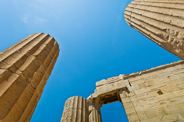 Ancient columns of Hellenic time with a blue sky. Shoot wide angle.