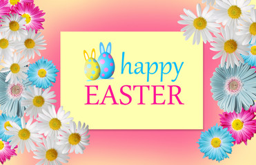 Beautiful pink frame with floral background and colorful eggs. Happy Easter greeting card with gerbera and camomile flowers
