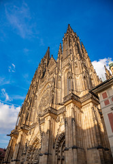 St. Vitus Cathedral against the sky in Prague, Czech Republic. View at the foot.