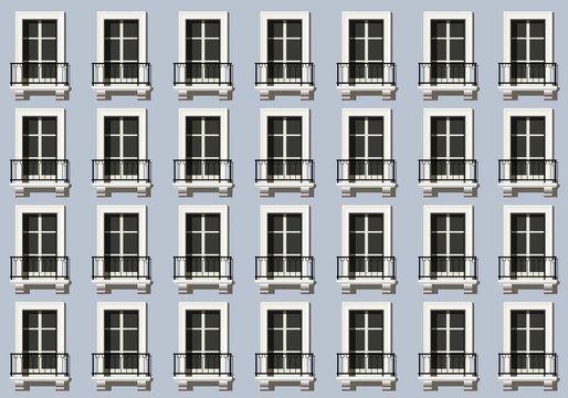 Concept urbain, avec une façade d’un immeuble ou d’un hôtel de standing, répétant les fenêtres identiques des appartements sur plusieurs étages.