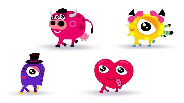 Cartoon four little monsters with walking loop. Funny children animation with alpha channel. Animated isolated characters good for any use.