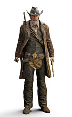 Portrait of a male grizzled bearded cowboy in a traditional western outfit with gun belts and duster coat with weapon in hand. 3d rendering on an isolated white background.