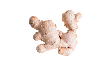 close up of fresh ginger roof in Asian cuisine isolated on white background with copy space for text.