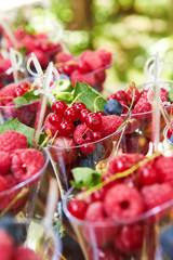 Cups with fresh berries in summer garden.