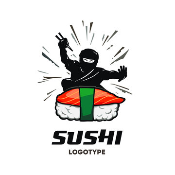 Sushi bar logo. Ninja eats sushi.