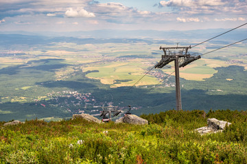 Panoramic view of the sub-Tatra lowlands beneath Skalnate Pleso high plateau at Lomnica Peak - Lomicky stit - in Slovak Tatra Mountains near Tatranska Lomnica, Slovakia