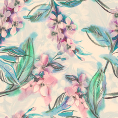 Watercolor Seamless Pattern of Blooming Twigs.