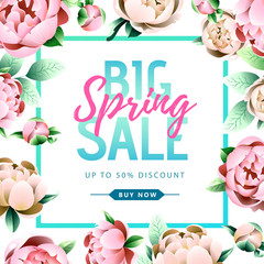 Spring sale poster with full blossom pion flowers. Spring flowers background