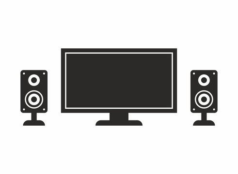 Flat Screen Ultra HD TV And Speakers Icon. Vector Icon Isolated On White Background.