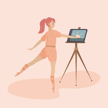 Concept of modern digital art. Freelancer girl in home clothes draws on graphics tablet in pose of ballerina