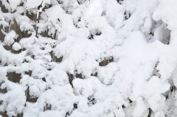  A wooden fence is covered with a layer of adhering snow, as a background.