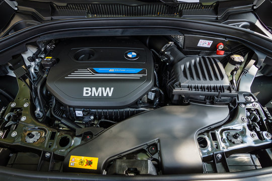 BERLIN - JUNE 05, 2016: Engine of compact MPV BMW 225e Active Tourer, Plug-in-Hybrid. Classic Days Berlin 2016.