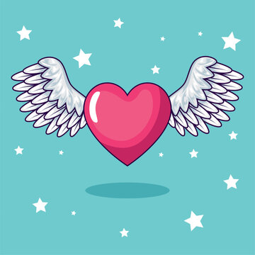 cute heart with wings and stars decoration design