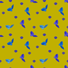 Fototapeta na wymiar seamless shoe pattern. Glamour design element. High heeled violet and blue shoes and lip print on yellow background for wrapping paper and sales packages. Fashion trendy illustration.