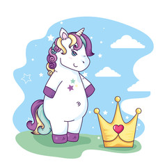 Naklejka premium cute unicorn fantasy and crown with heart vector illustration design