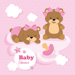 baby shower card with bear female and icons vector illustration design