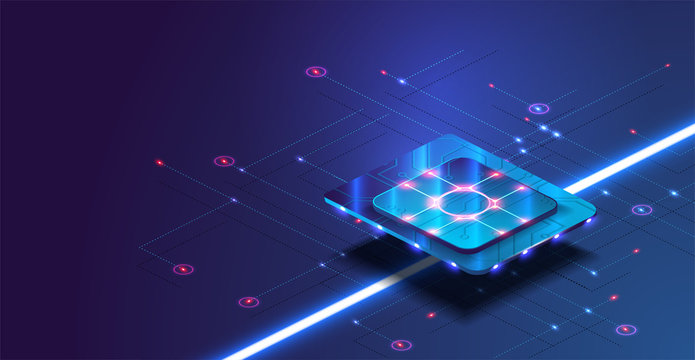 Futuristic microchip processor with lights on the blue background. Quantum computer, large data processing, database concept. CPU isometric banner. Central Computer Processors CPU concept.Digital chip