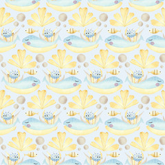 golden watercolor underwater elements, seamless pattern