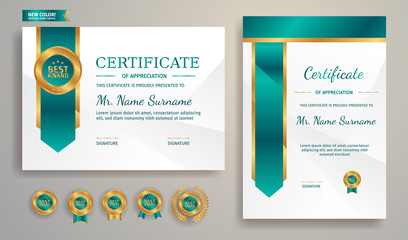 Gold and green certificate of appreciation template border with line pattern