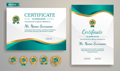 Gold and green certificate of appreciation template border with line pattern