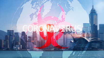 Coronavirus logo on bllured modern city. Virus icon on the world map