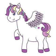 cute unicorn with wings and stars decoration vector illustration design