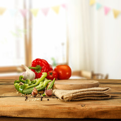 Desk of free space and kitchen interior with spring window 