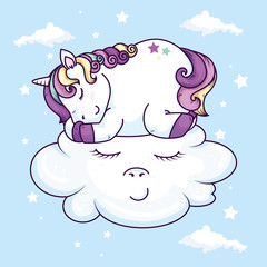 cute unicorn sleeping in cloud kawaii style vector illustration design