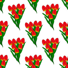 Seamless pattern with red tulips.Bouquet of red tulips on a white background.Bouquet for the holiday on March 8.International women day.Birthday.Spring flowers.Vector