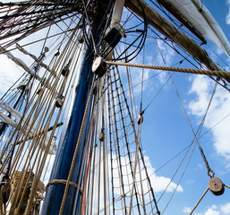 Ropes and rigging on the mast of a tall ship