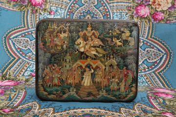 Kholui traditional national painting. Vintage casket with Russian lacquer miniature on...