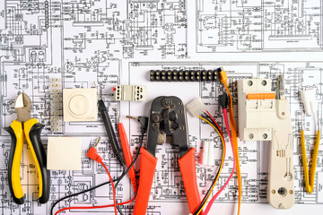 Different electrical tools on electrical engineering drawings . Top view.