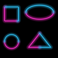 Set of neon geometric shapes. Glowing two-color objects. Circle, square, triangle, ellipse. Vector illustration.