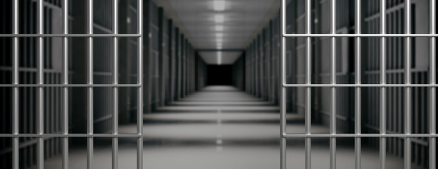 Prison interior. Jail cells and shadows, dark background. 3d illustration - obrazy, fototapety, plakaty