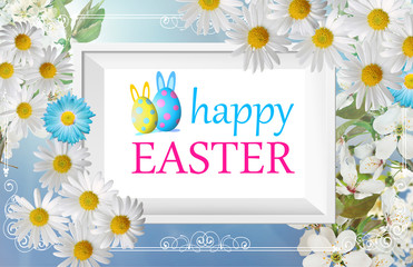 Beautiful frame with floral background and colorful eggs. Happy Easter greeting card