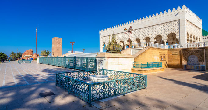 Beautiful square with Hassan tower at Mausoleum of Mohammed V in Rabat, Morocco - Powered by Adobe