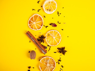 still life tea with lemon on a yellow background